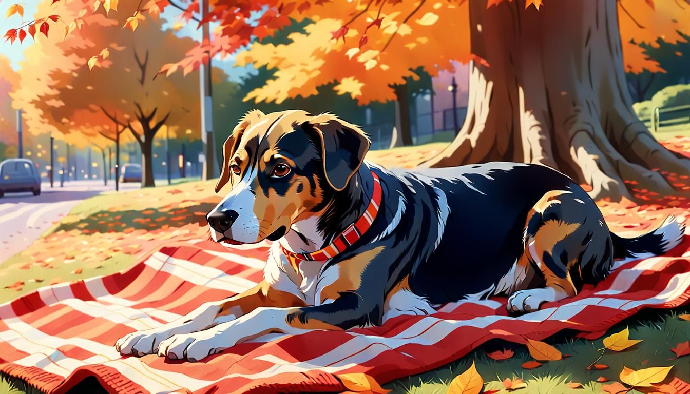 Dog Relaxing Under Tree in Anime Style
