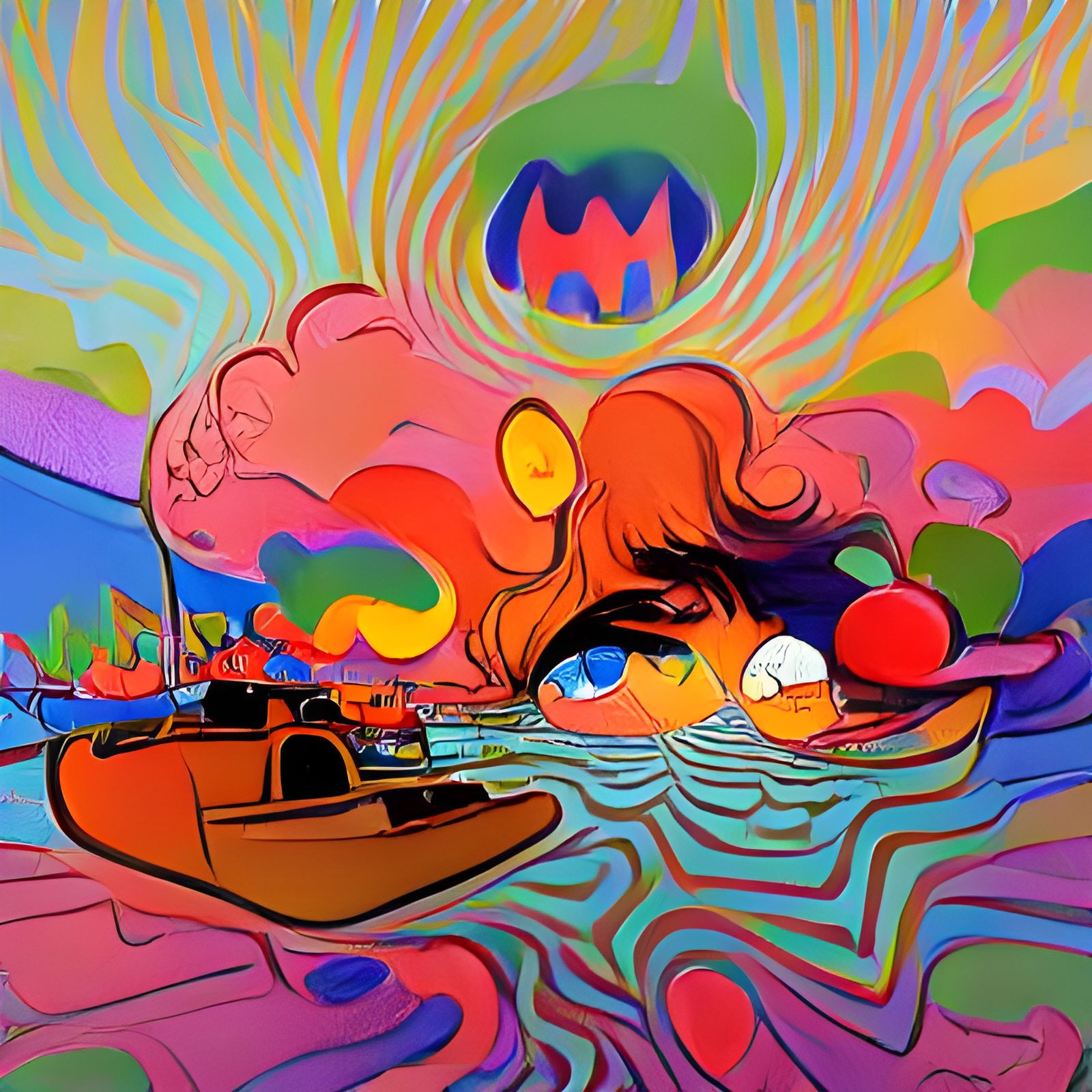 Psychedelic Girl with Kaleidoscope Eyes in Surreal Landscape
