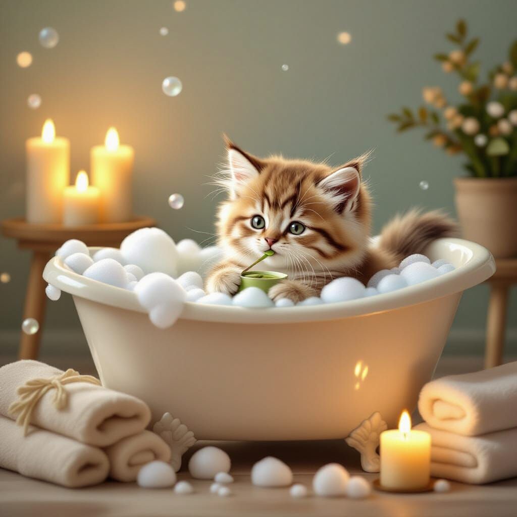 Cute Kitten Enjoys a Relaxing Spa Bath with Matcha