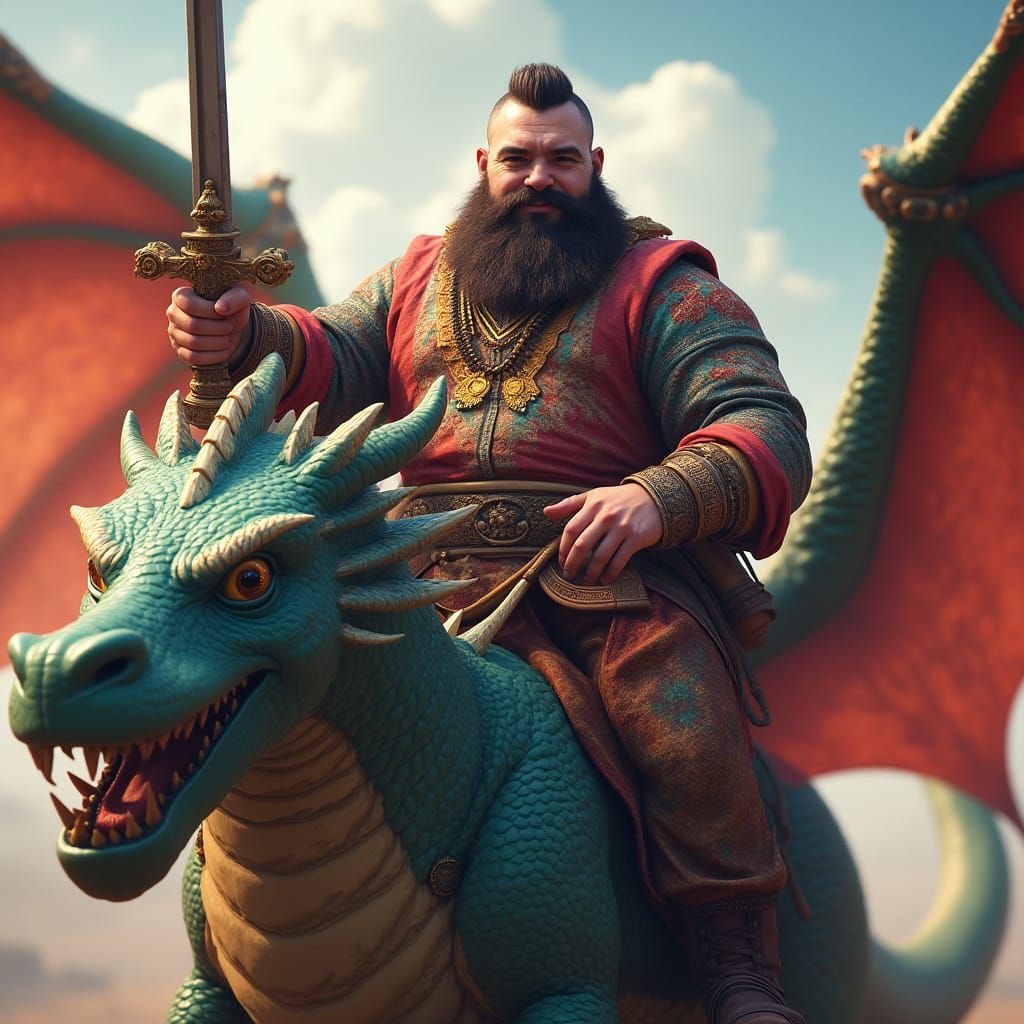 Hyperrealistic Bearded Man Rides Dragon in Fantasy Art