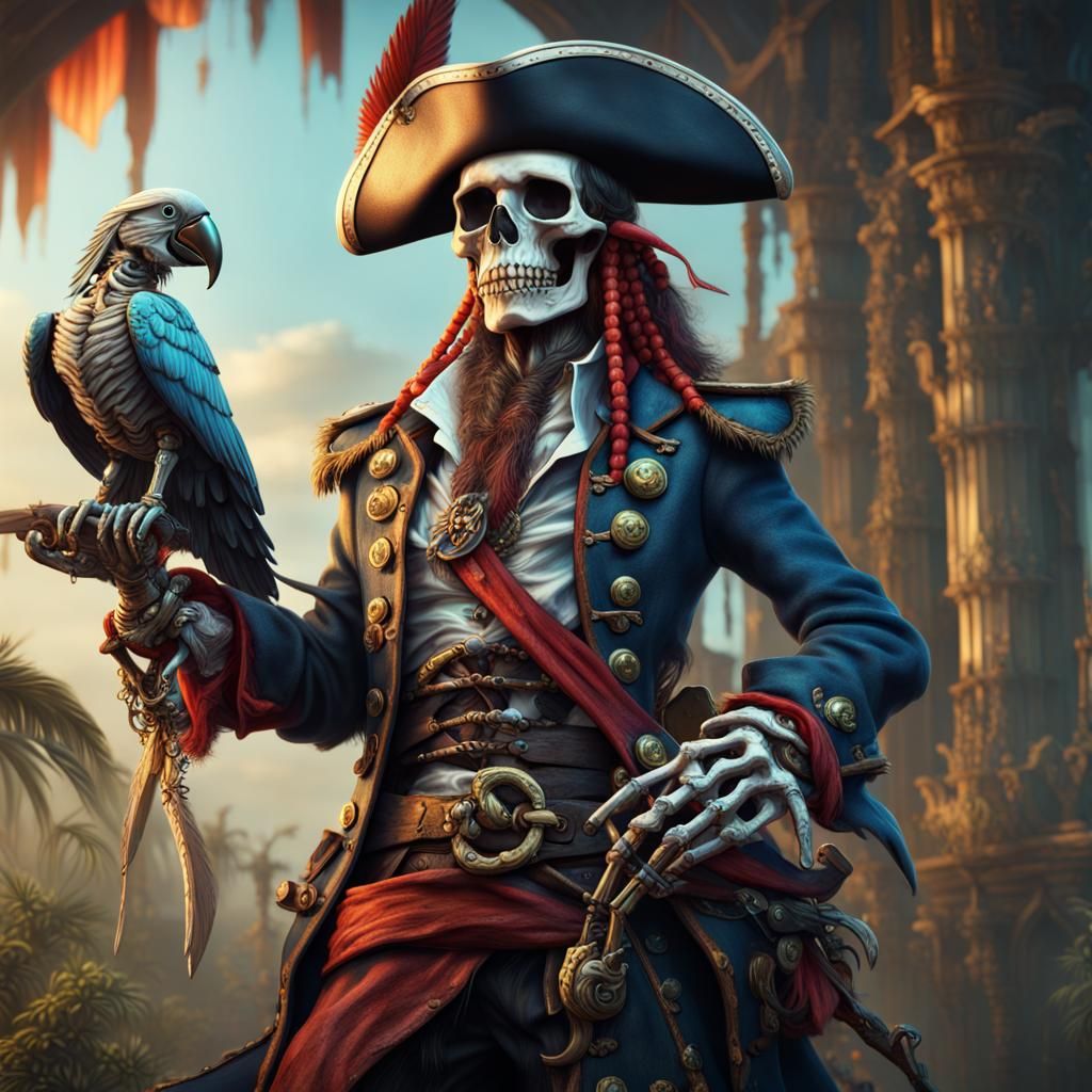 Skeleton Pirate and Parrot in Detailed Painting
