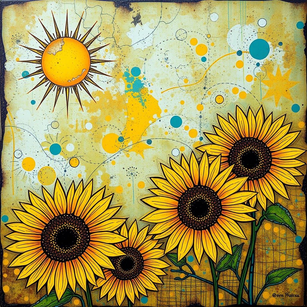 Vibrant Sunflowers in Encaustic Mixed Media Art