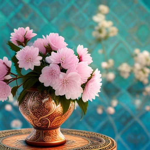 Elegant Cherry Blossoms in Copper Vase, Hyperrealistic