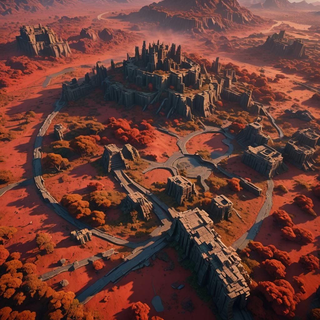 Savanna Biome with Ancient Ruins and Red Sky