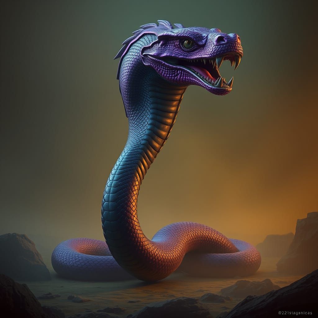 Majestic Iridescent Serpent in Golden Brown and Teal Landsca...