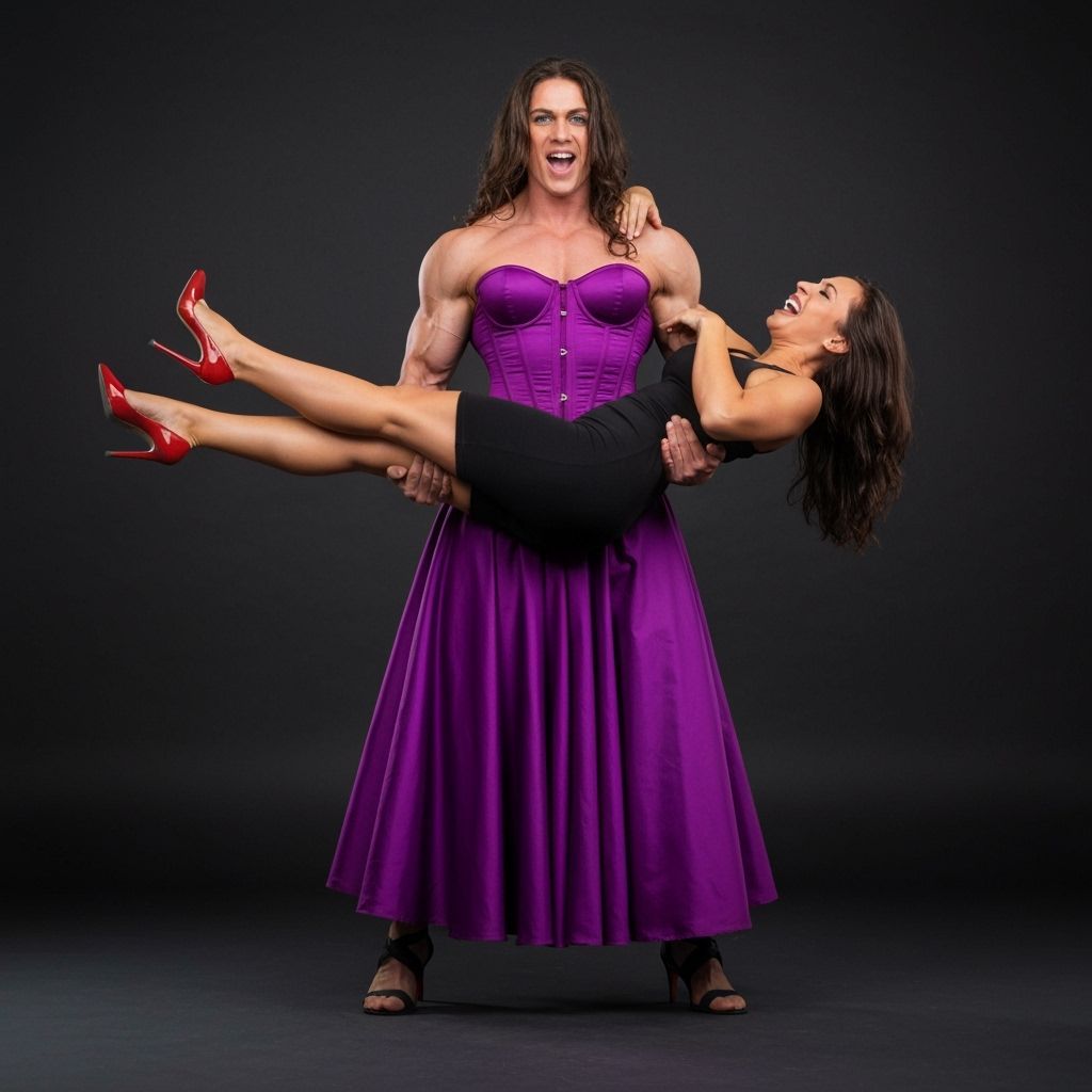 Muscular Man in Purple Dress Holding Girlfriend Overhead