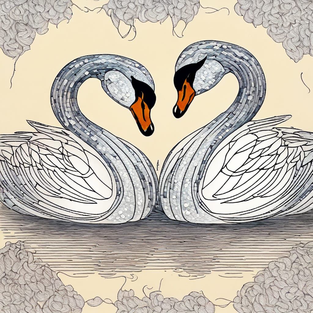 Swans Form a Heart in Whimsical Doodle Art