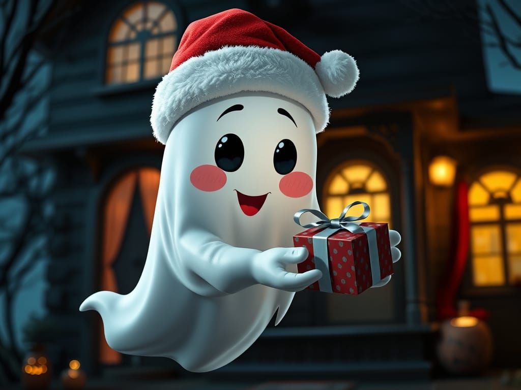 Cute Ghost Santa Offers Gift in Haunted House