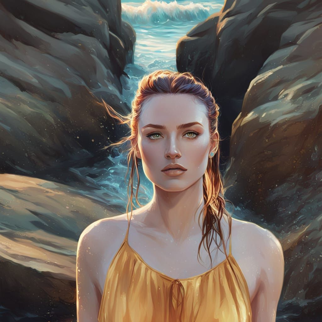 Woman on Beach at Golden Hour, Digital Art Masterpiece
