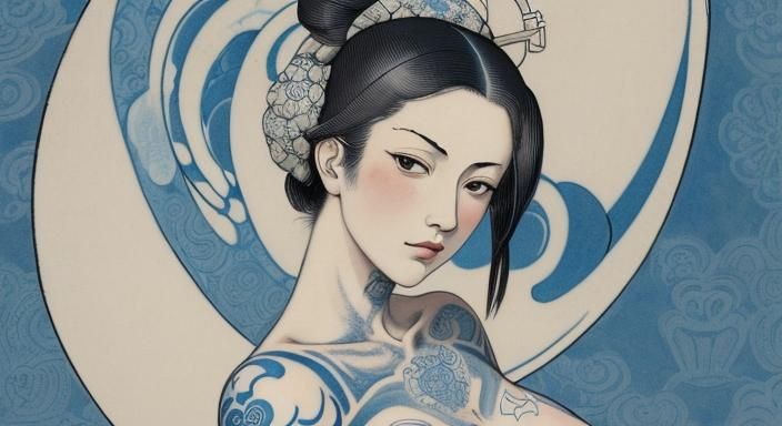 Abstract Tattooed Lady in Ukiyo-e Style