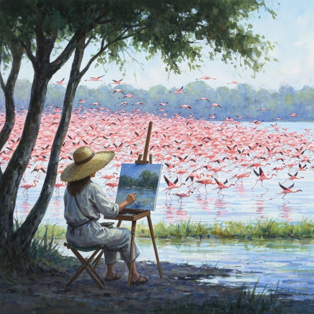 Artist Paints Flamingos Taking Flight at Lakeside