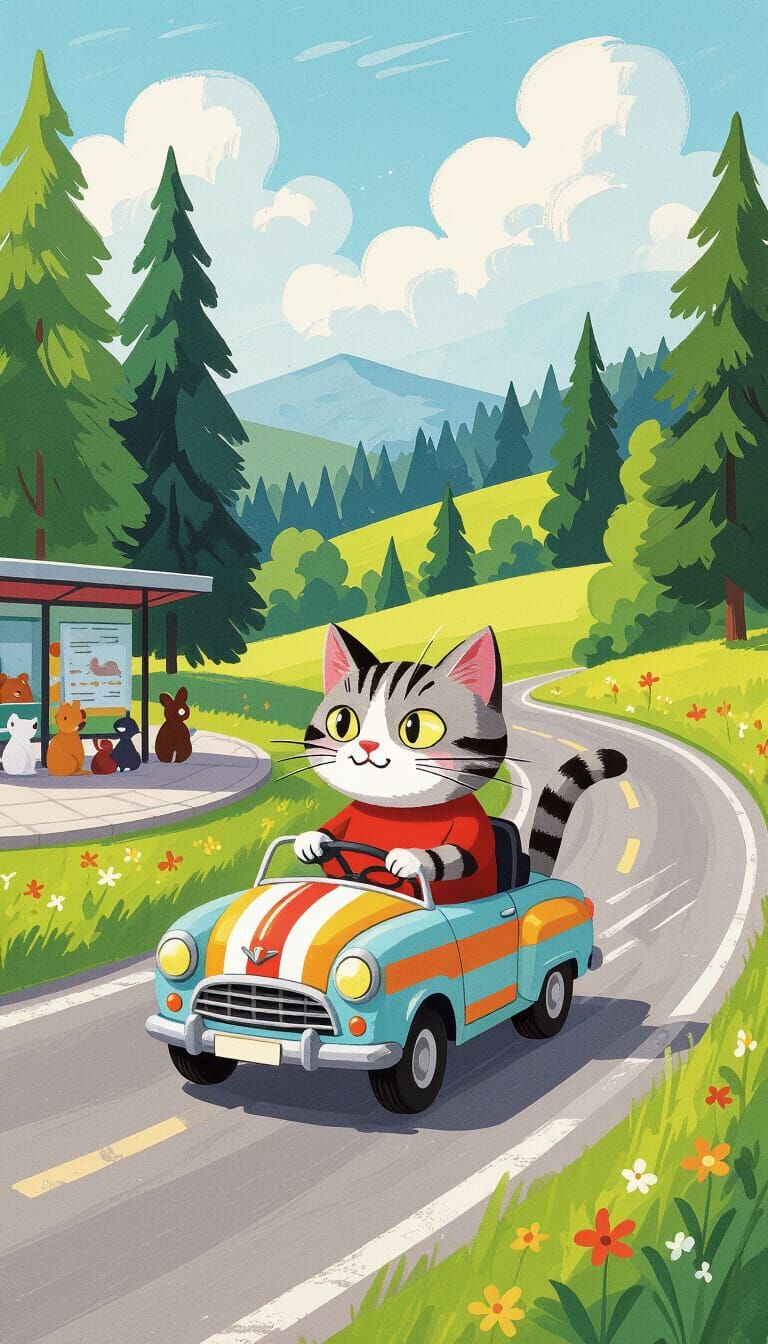 Striped Cat's Gouache Adventure on Winding Road
