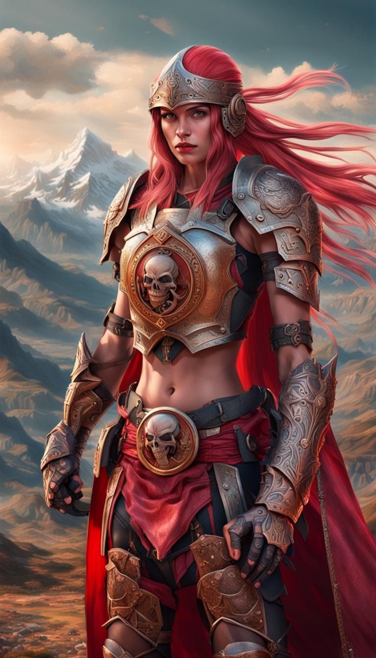 Pink-Haired Warrior Woman with Skull Helmet
