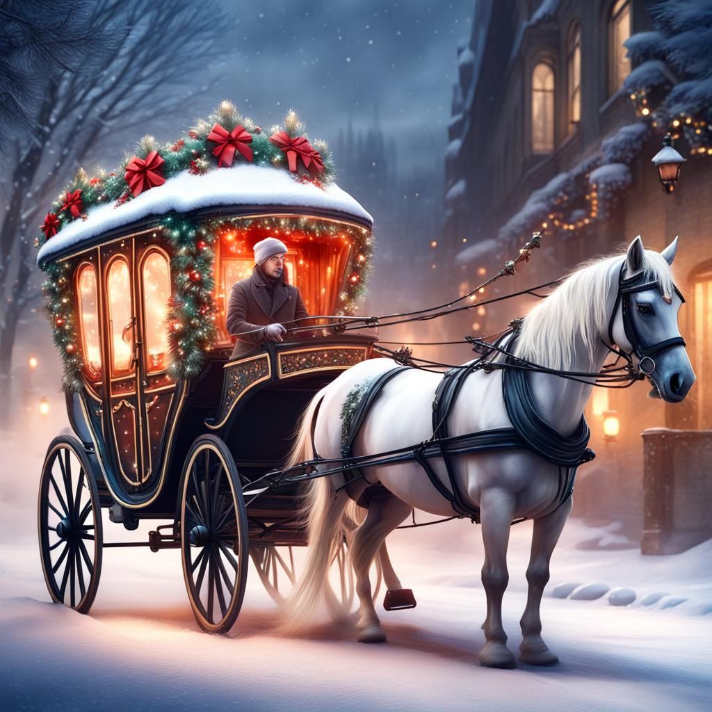 Christmas Horse Carriage in Watercolor Style