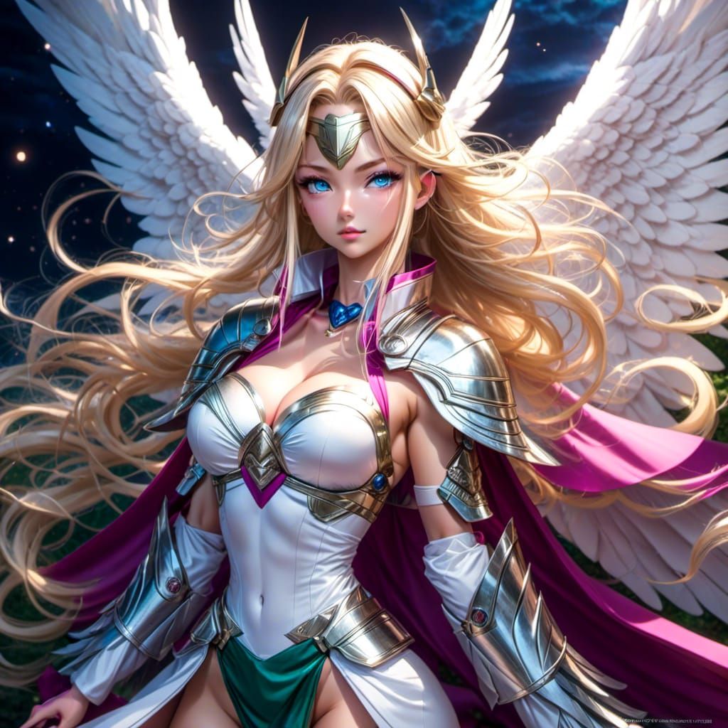 Angelic Woman with Wings Drifting in Night Sky