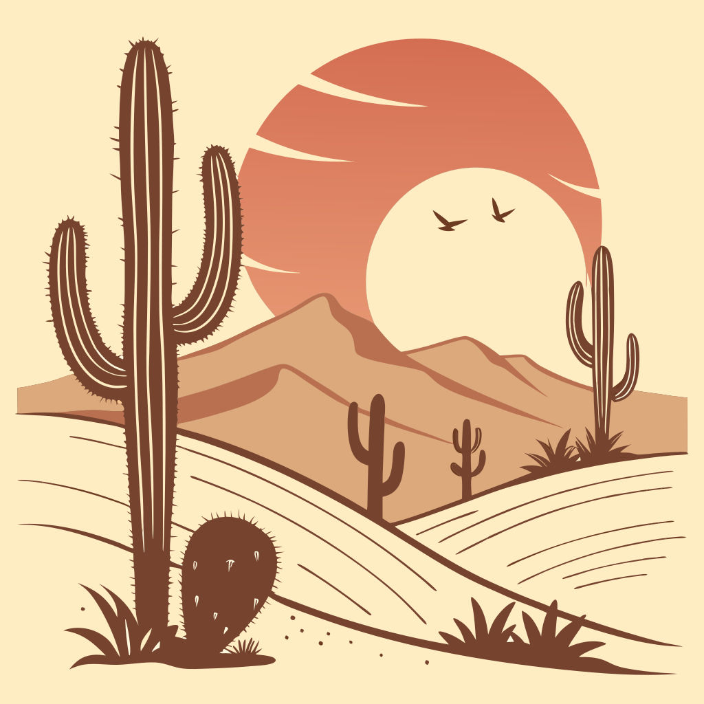 Minimalist Desert Sunset with Cacti and Dunes