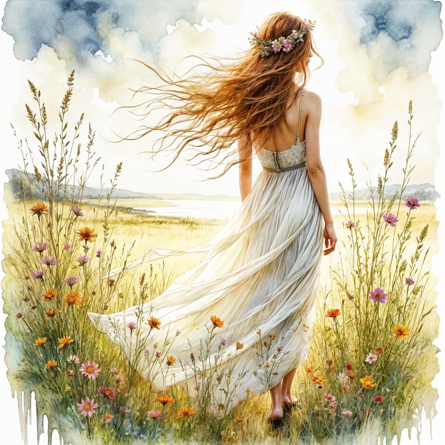 Woman in Meadow Watercolor Painting
