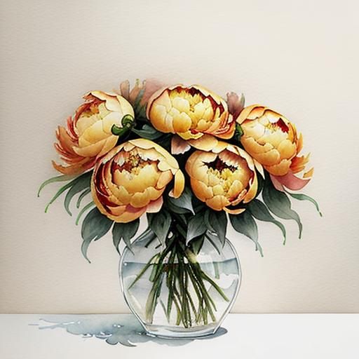 Golden Peonies in Watercolor Style