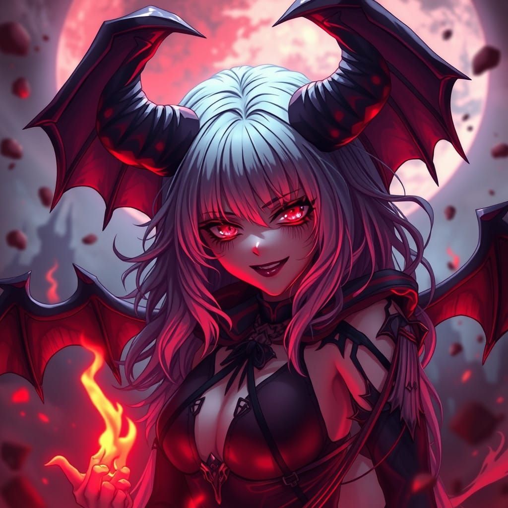 ominous realistic anime style female demonic character in a ...