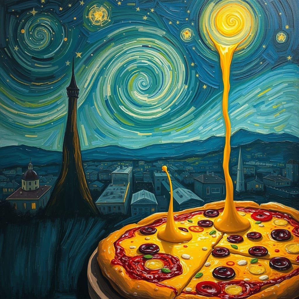 Pizza Illuminates Cityscape in Oil Painting Style