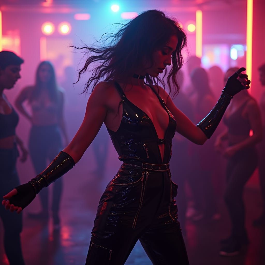 Cyberpunk Dancer in Neon Nightclub