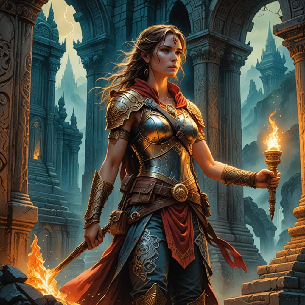 Fantasy Traveler at Forgotten Temple in Watercolor Style