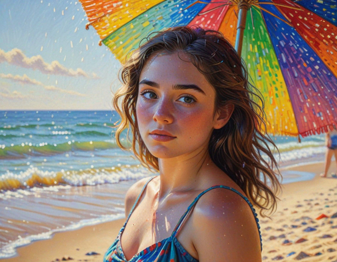 Cute Girl Hiding Behind Beach Umbrella, Colorful Oil Paintin...