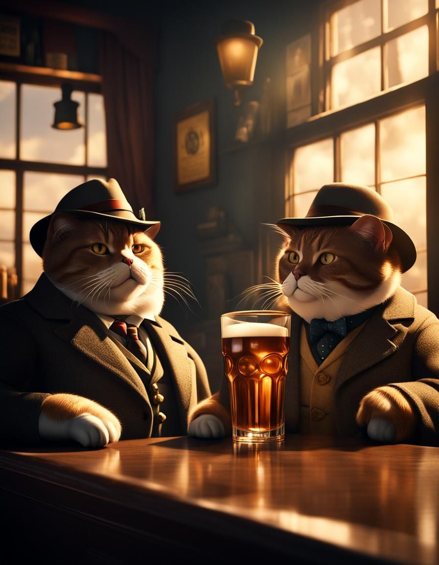 Photorealistic Cats as 1940s Detectives in Pub