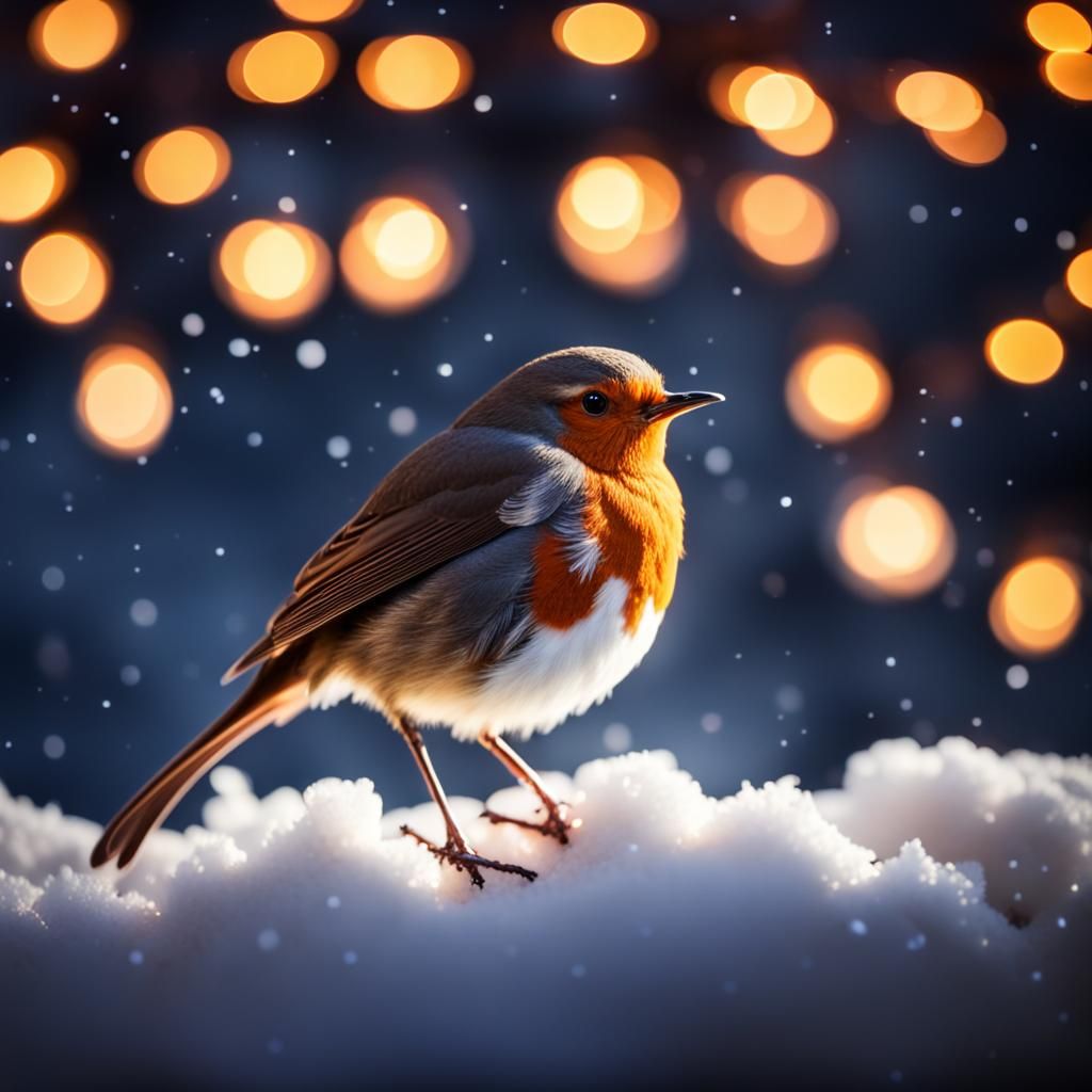 Christmas Robin in Midnight Sky with Lights