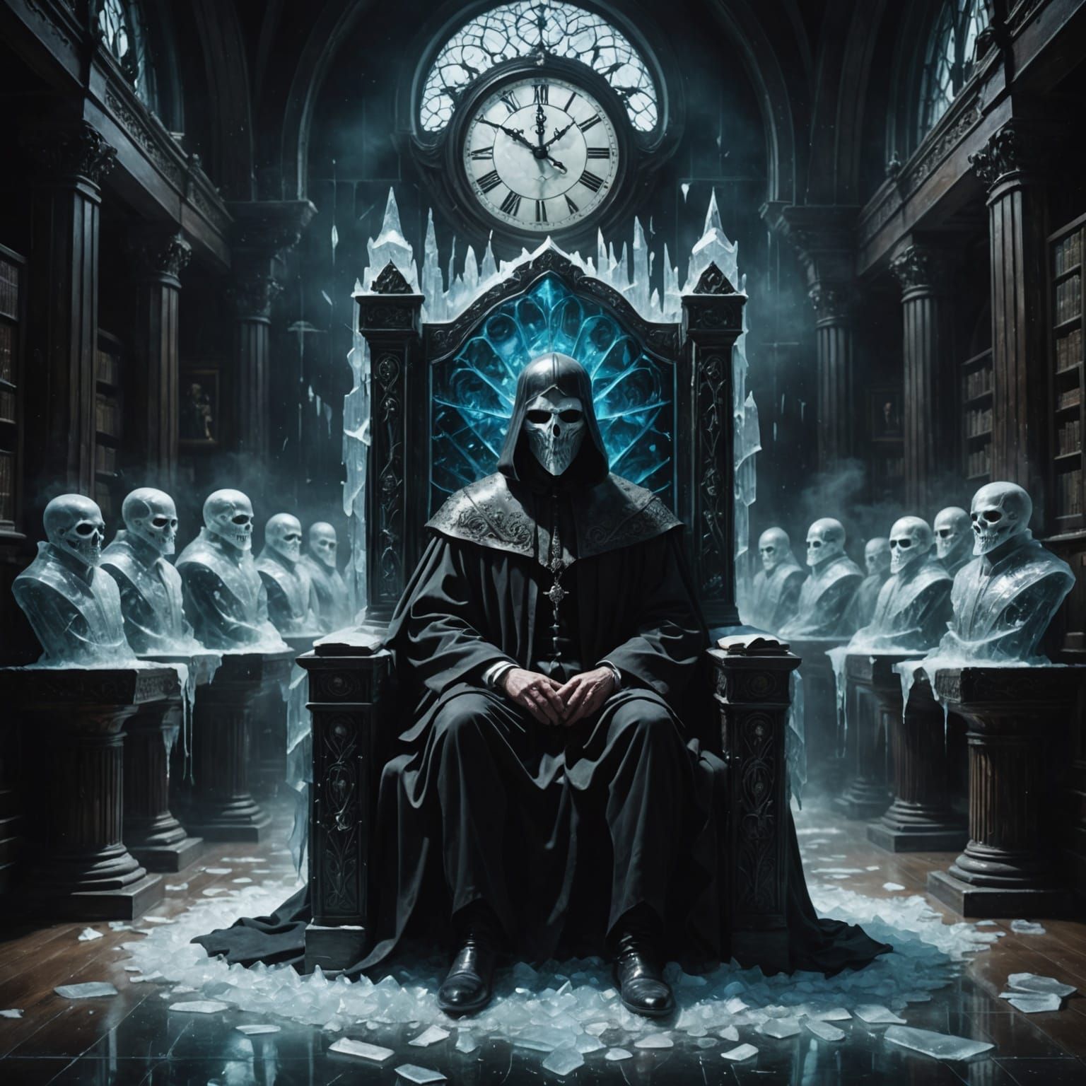Faceless Judge on Frozen Glass Throne with Eerie Clock Mask