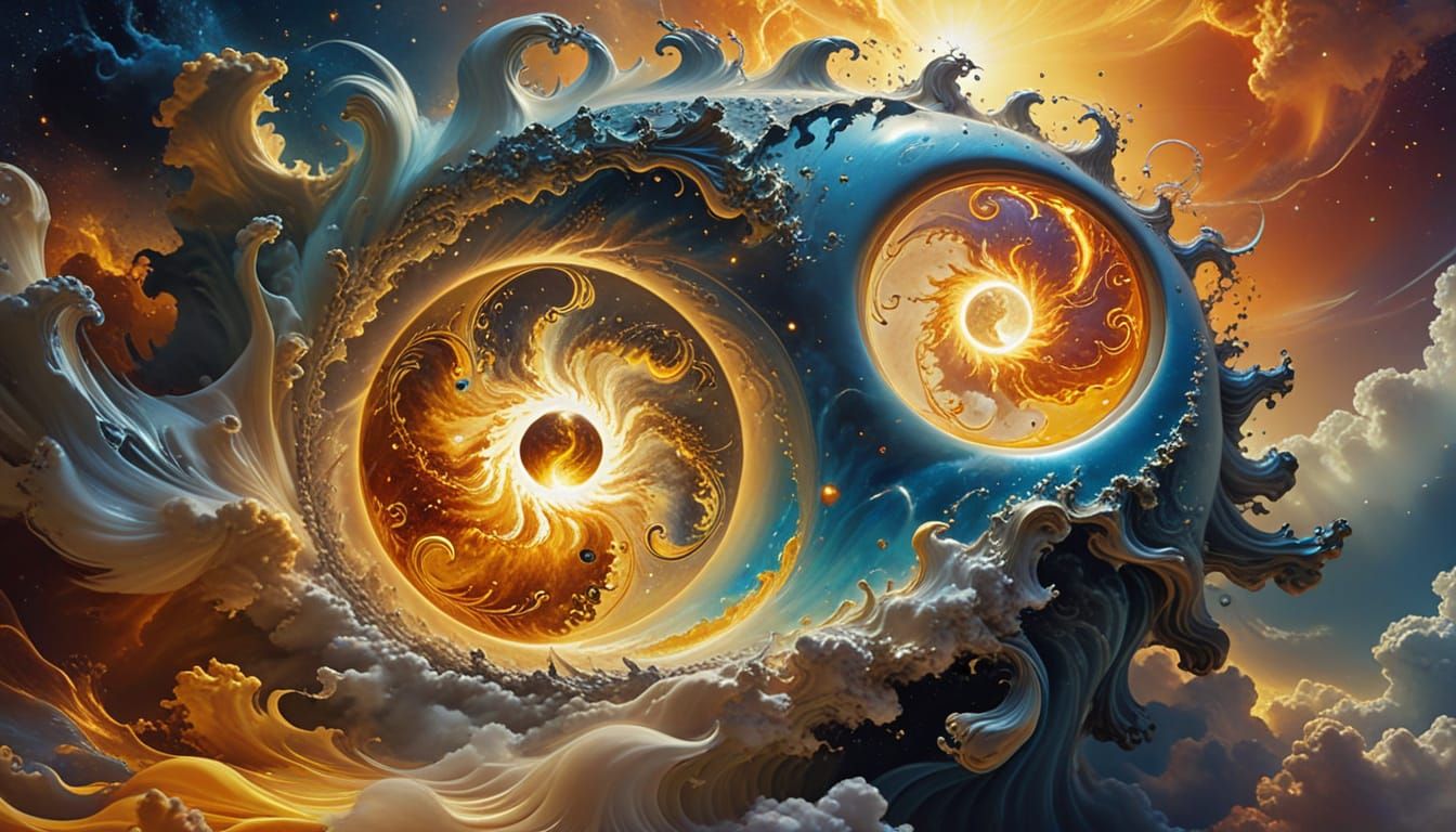 Yin-Yang Sun and Moon in Surreal Oil Painting