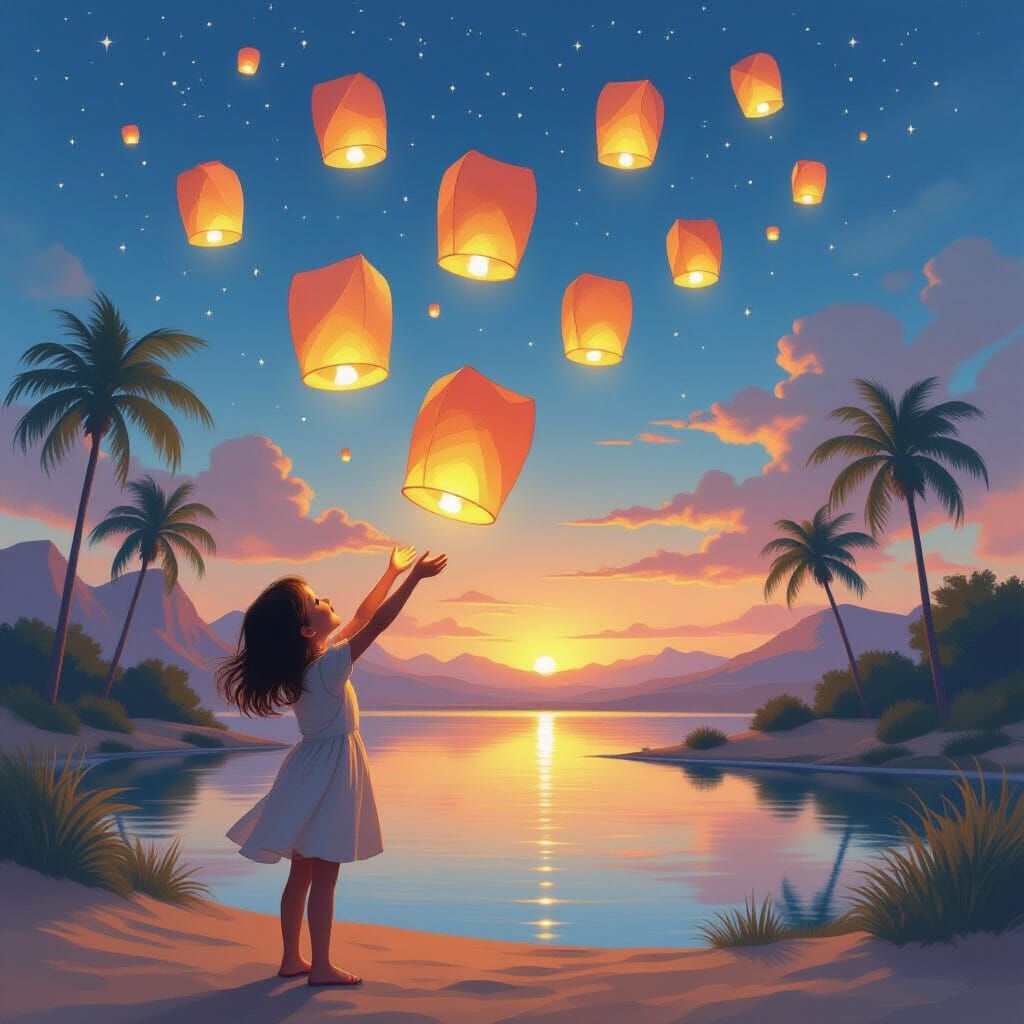 Glowing Lanterns Above Desert Oasis: Matte Painting