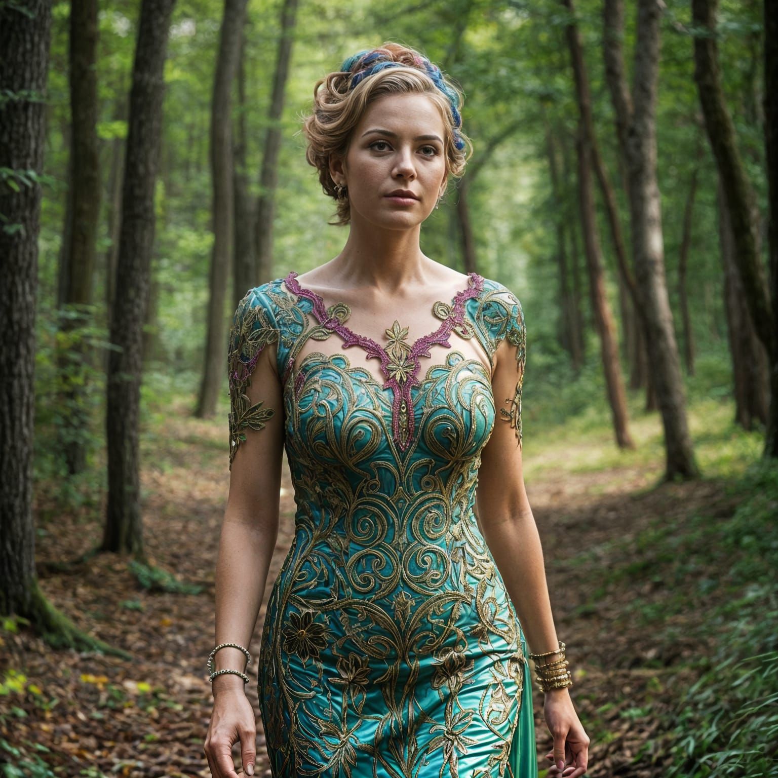 Hyperrealistic Woman in Latex Dress Strolls Through a Vibran...
