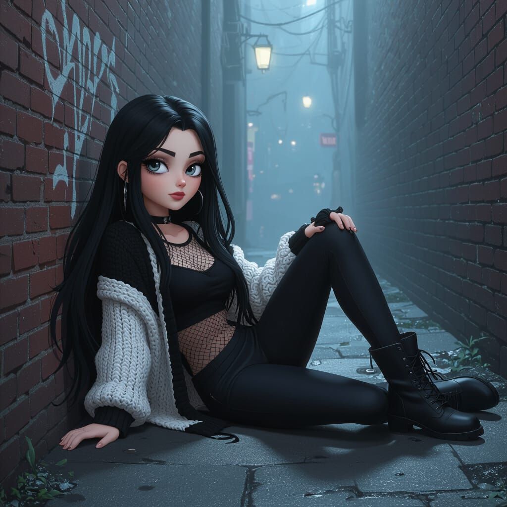 Gothic Grunge Woman in Dark Alley, 3D Cartoon