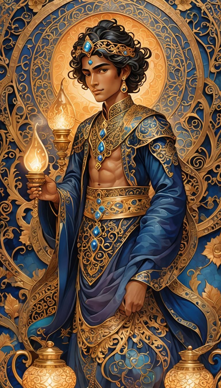 Beautiful sapphire genie lamp with light CLOISONNE STYLE swirling Zentangle patterns Filigree gold designs handsome wise...