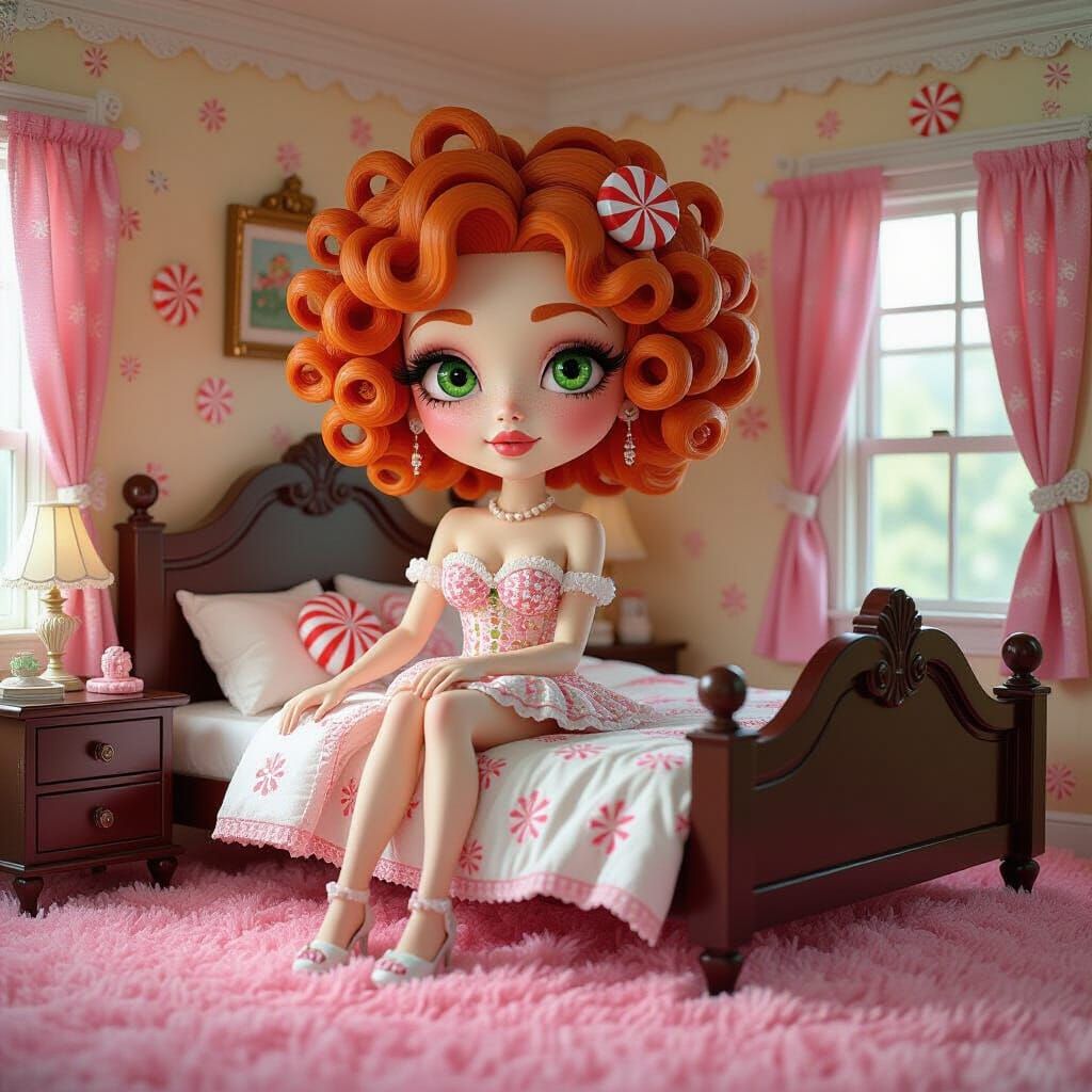 Whimsical Candy Woman in Surreal Bedroom