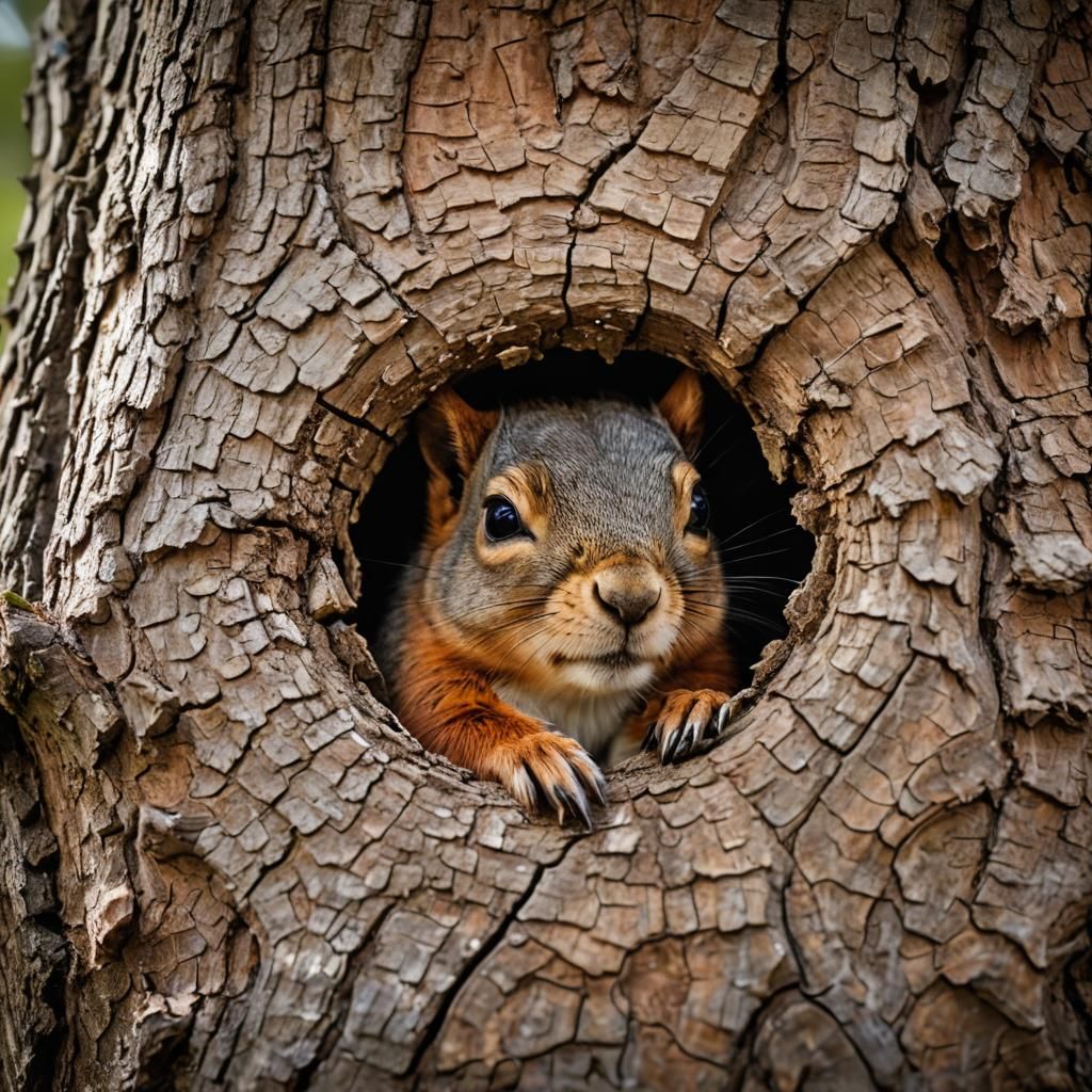 Squirrel Sleeping in Tree Hole: Wildlife Macro Shot