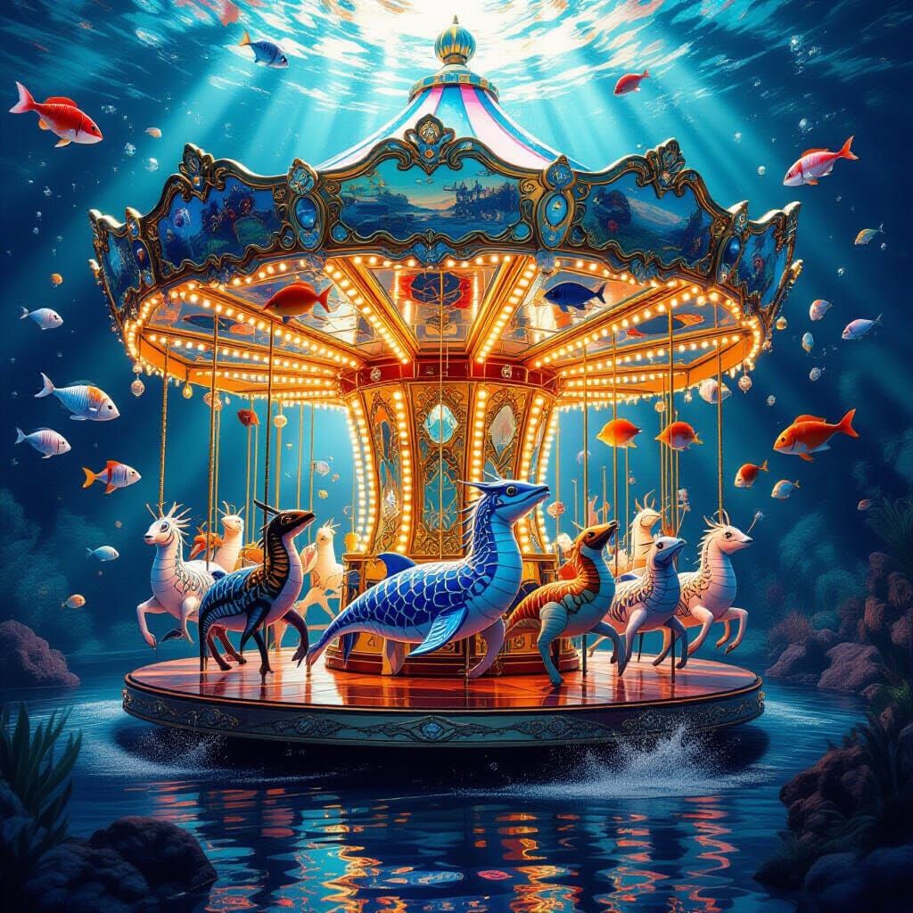 Crystal Sea Animal Carousel in Dramatic Lighting