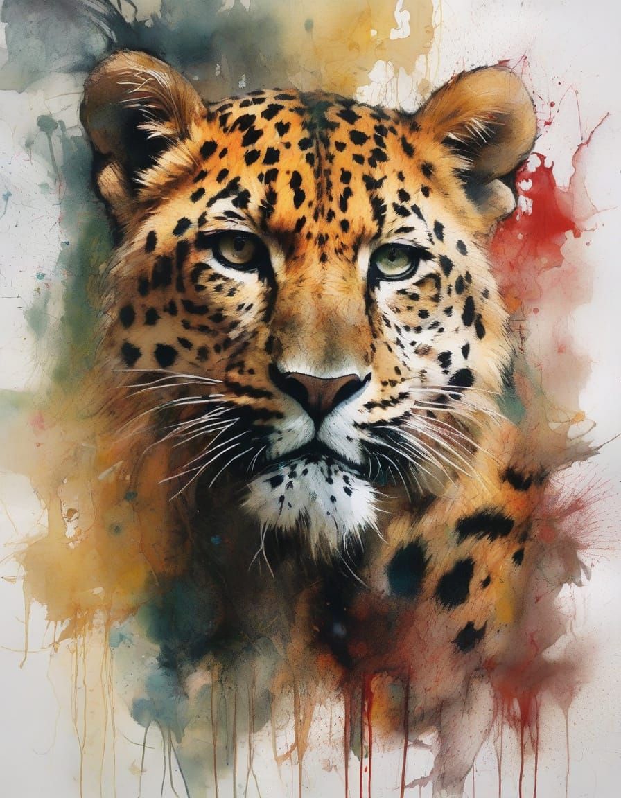 Ink-Blended Leopard Portrait with Expressive Brushstrokes in...