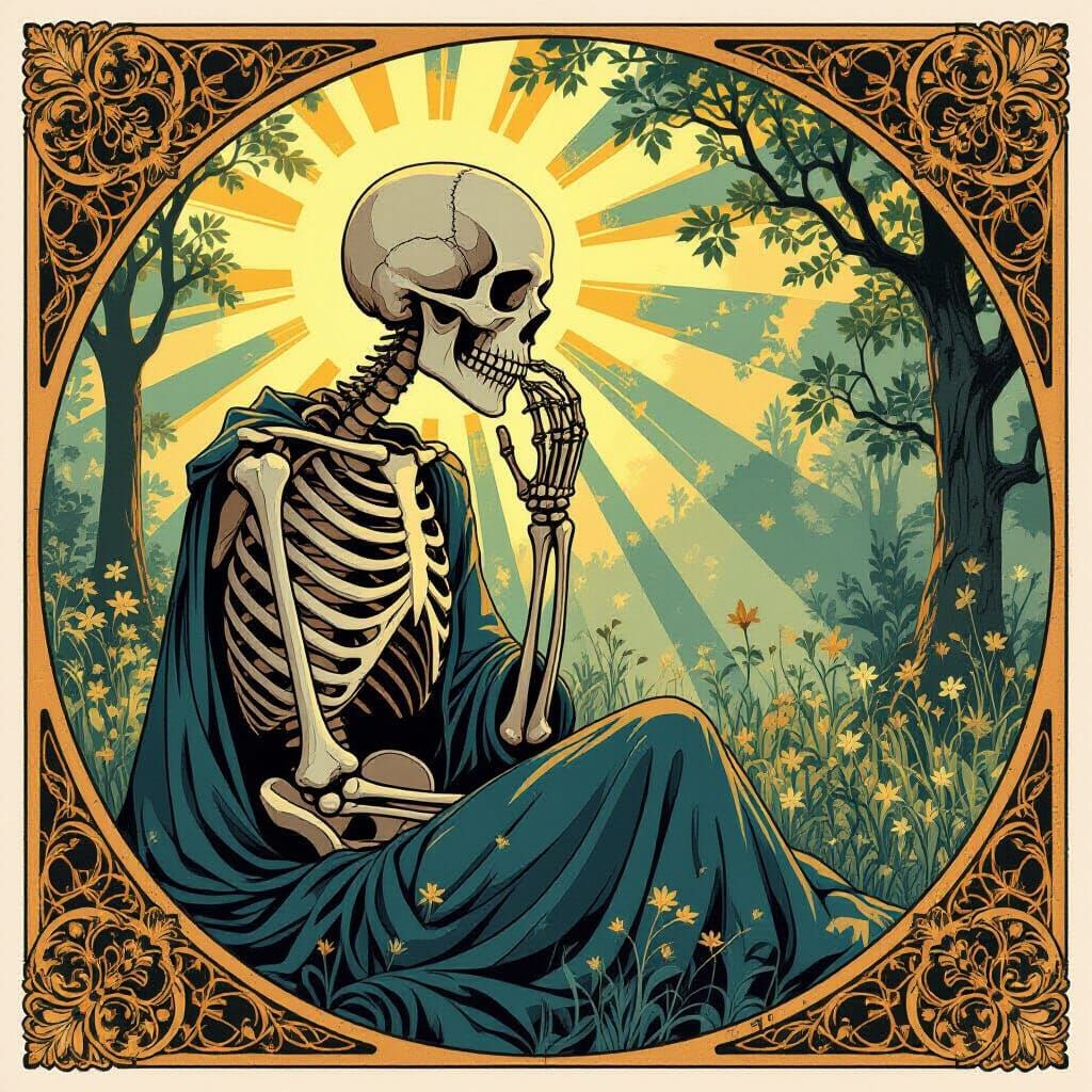 Art Nouveau Skeleton in Sunlight, Ink Artwork