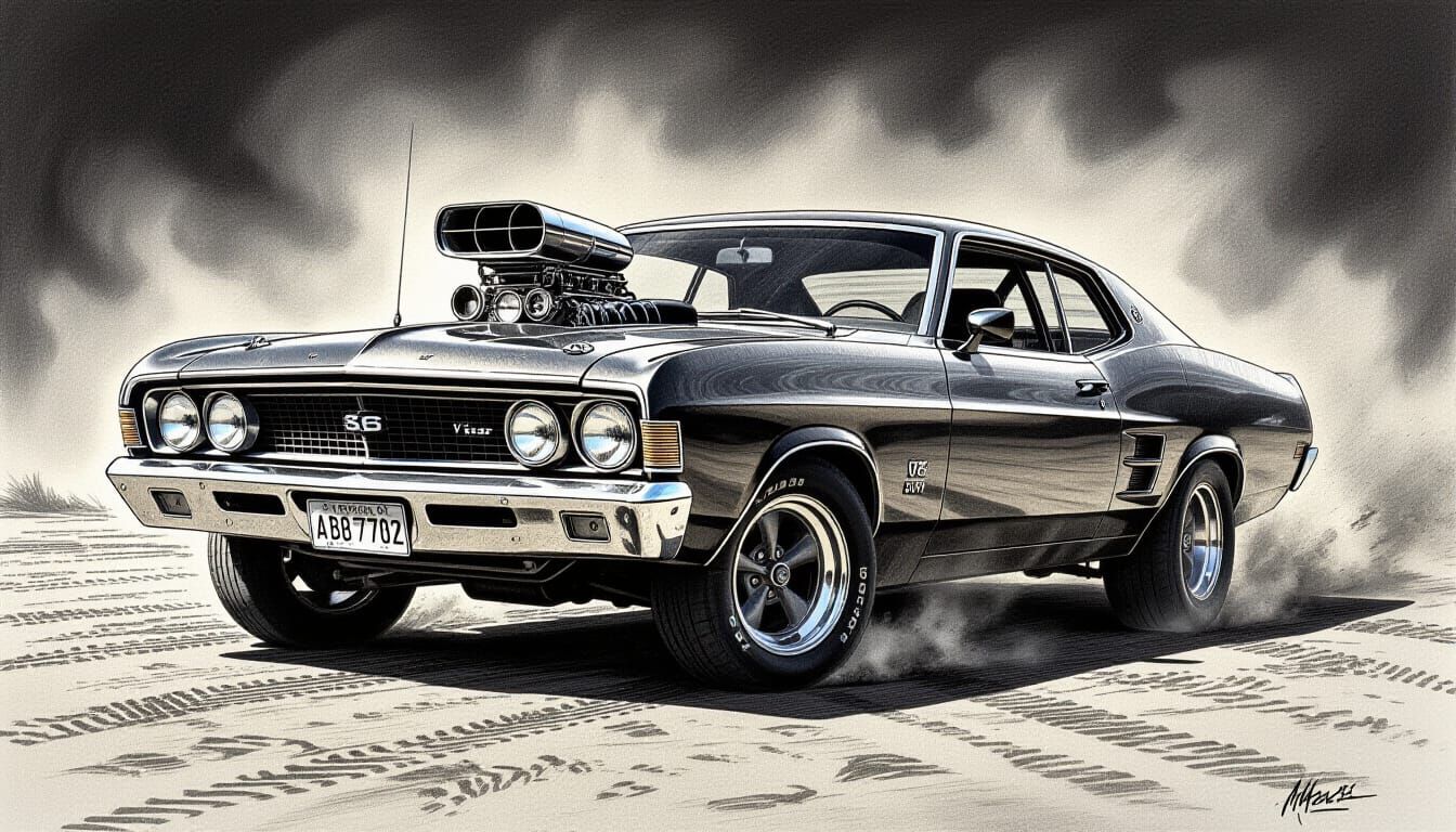 Mad Max Ford Falcon XB V8 Supercharger Charcoal Drawing
