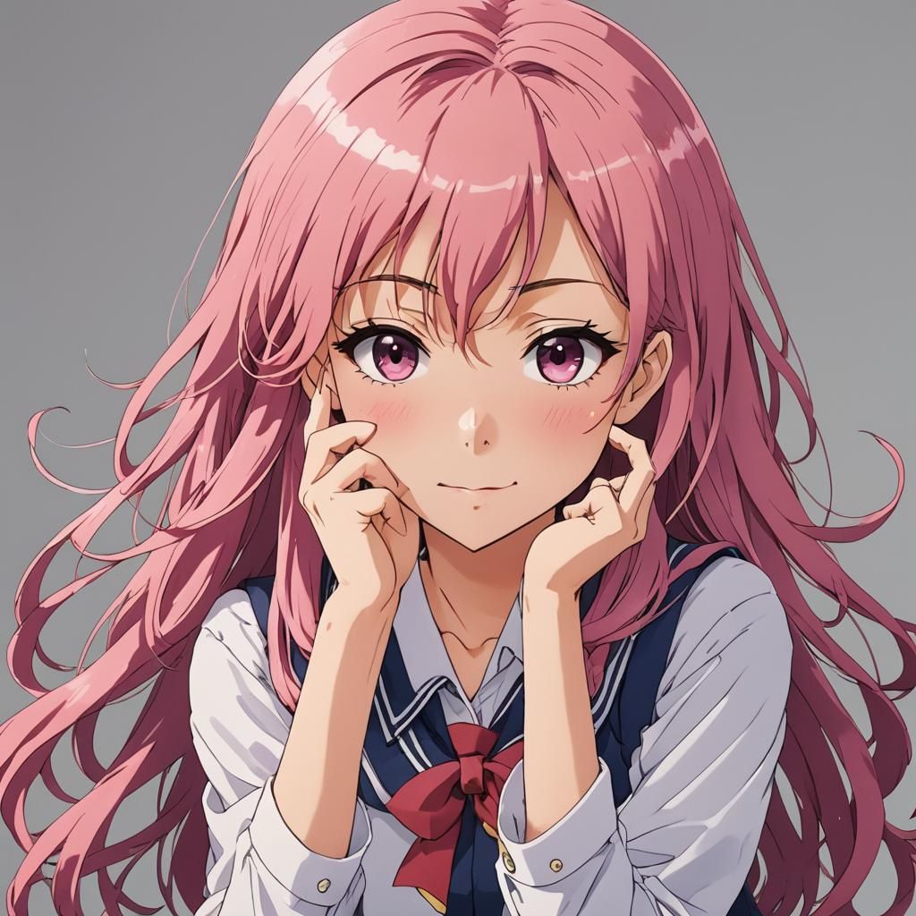 Playful Anime Girl with Pink Hair and School Uniform