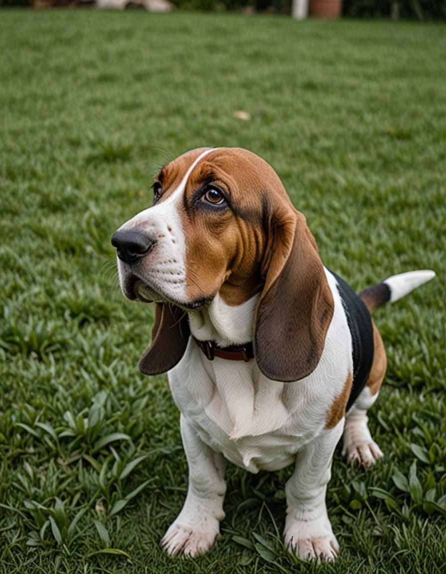 Sad Basset Hound Gazes Upwards on Green Lawn
