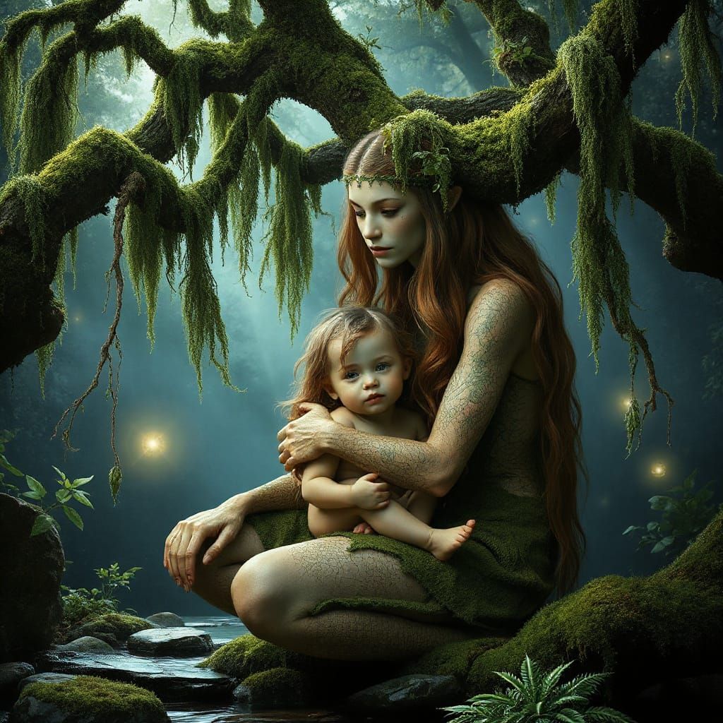Motherly Tree Spirit in Whimsical Forest Scene