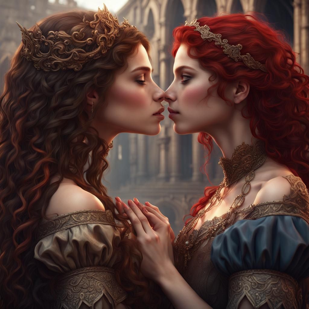 Medieval Fantasy: Two Elegant Girls Kissing