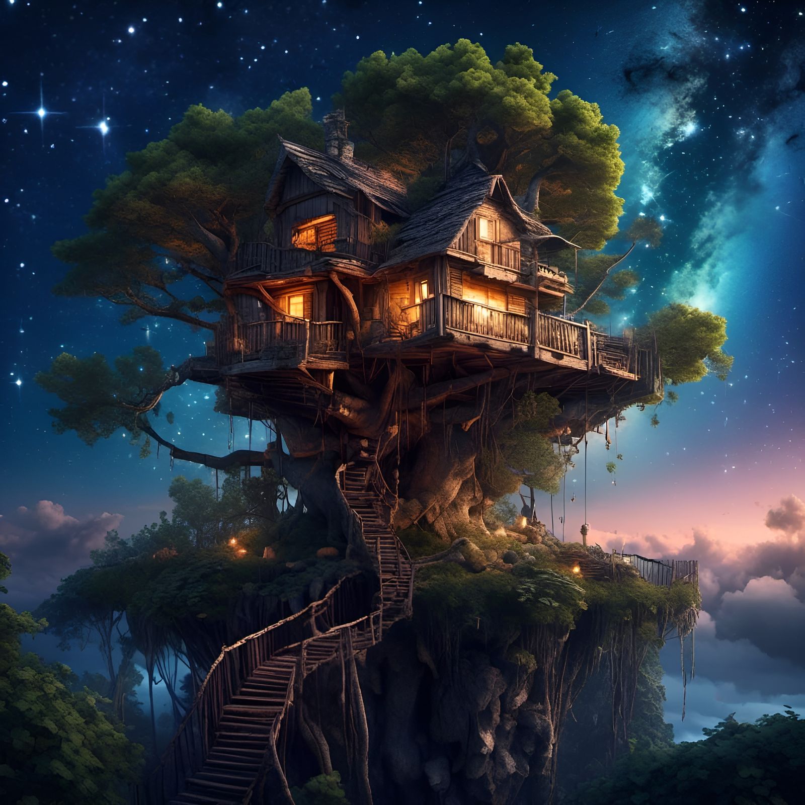 Secluded Treehouse Under a Starry Night Sky