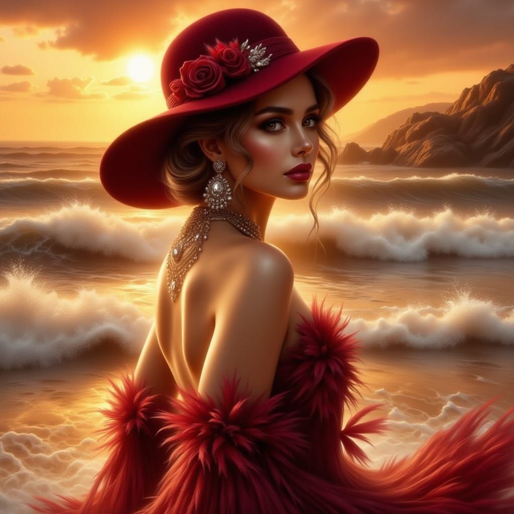Elegant Woman in Red Hat on Beach, Hyperrealistic Style