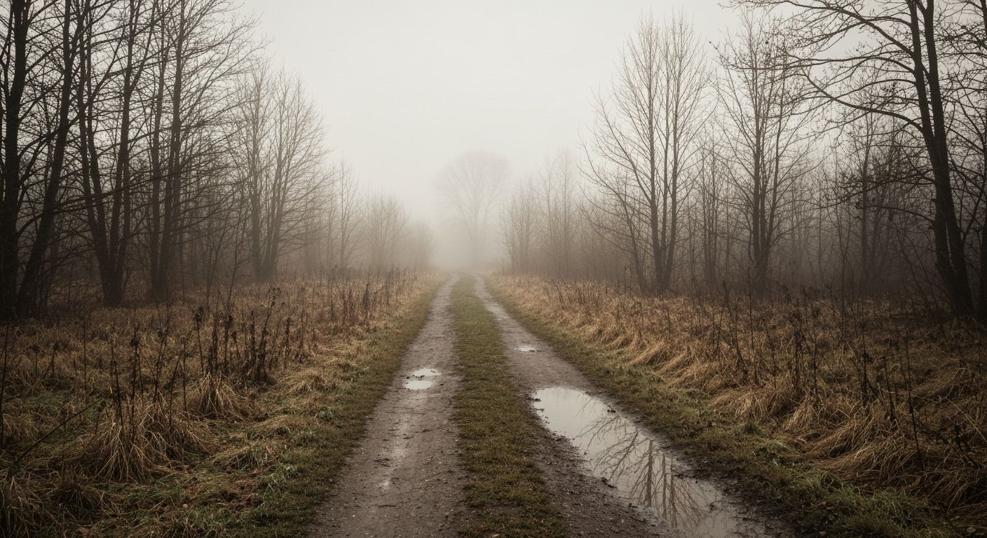Melancholy Autumn Path in Foggy Landscape