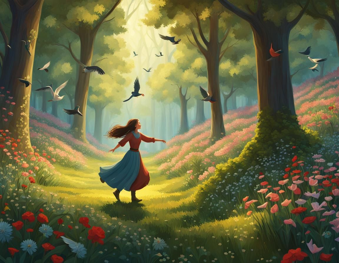 Girl Dancing in Forest Clearing, Maximalist Digital Art