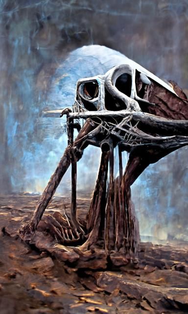 Monumental Skeleton in Dystopian Landscape